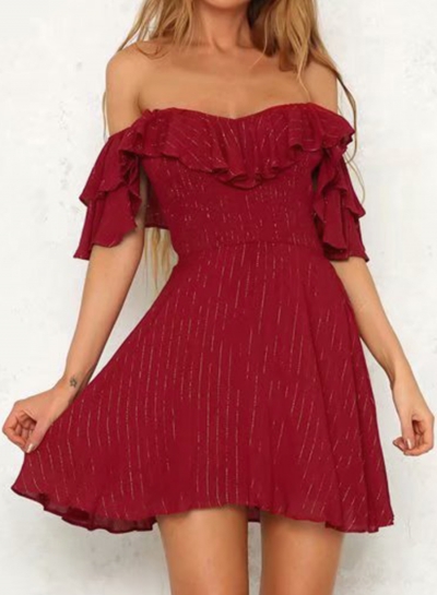 Fashion Sexy Off The Shoulder High Waist Flounce Sleeve Solid Mini Dress zecalaba.com