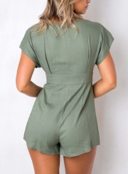 Summer Casual V Neck Short Sleeve Single-Breasted Wide Leg Solid Romper