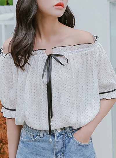 Summer Sexy Off The Shoulder Polka Dots Half Sleeve Loose Blouse zecalaba.com