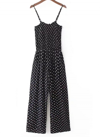 Fashion Polka Dots Spaghetti Strap Straight Wide Leg Jumpsuit With Pockets zecalaba.com