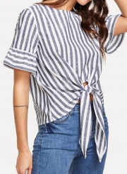 Summer Casual Striped Round Neck Short Sleeve Knot Loose Blouse