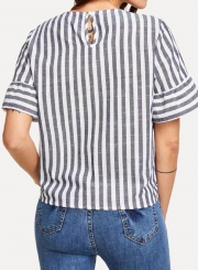 Summer Casual Striped Round Neck Short Sleeve Knot Loose Blouse