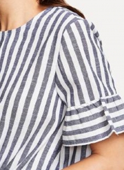 Summer Casual Striped Round Neck Short Sleeve Knot Loose Blouse