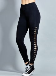 Fashion Sexy Slim Lace-Up Hollow Out Solid Sports Leggings