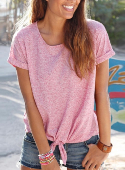 Summer Casual Solid Short Sleeve Round Neck Lace-Up Loose Tee zecalaba.com