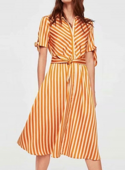 Casual Striped Short Sleeve Turn Down Collar Button Down Dress With Tie