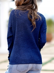 Casual Long Sleeve Lace-Up Round Neck Loose Pullover Knit Tee