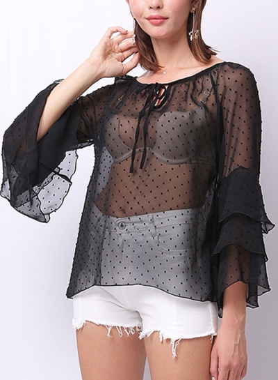 Summer Casual Round  Neck Flounce Sleeve Loose Transparent Blouse zecalaba.com