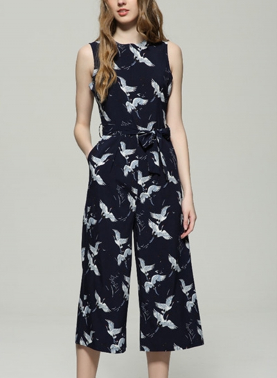 Summer Fashion Printed Sleeveless Round Neck Waist Tie Wide Leg Jumpsuit