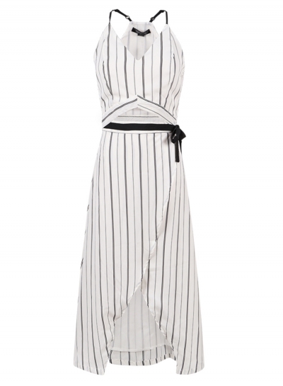 Sexy Striped Spaghetti Strap V Neck Crop Top Bow Tie Slit Dress zecalaba.com