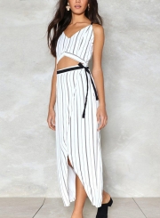 Sexy Striped Spaghetti Strap V Neck Crop Top Bow Tie Slit Dress