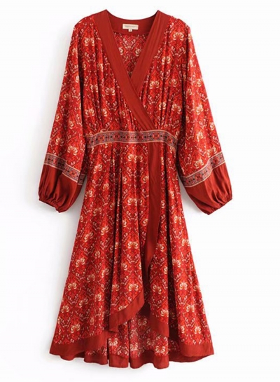 Fashion Boho Floral V Neck Lantern Sleeve High Low Pullover Dress