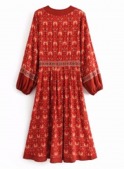 Fashion Boho Floral V Neck Lantern Sleeve High Low Pullover Dress