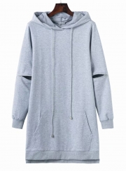 Casual Loose Hooded Long Sleeve Zip Solid Pockets Pullover Hoodie Dress