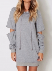 Casual Loose Hooded Long Sleeve Zip Solid Pockets Pullover Hoodie Dress