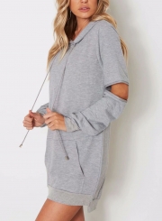 Casual Loose Hooded Long Sleeve Zip Solid Pockets Pullover Hoodie Dress