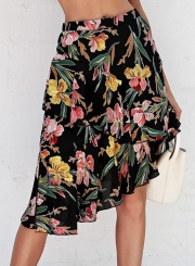 Fashion Vocation Floral Printed Elastic Wasit Irregular Slit Skirt