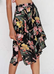 Fashion Vocation Floral Printed Elastic Wasit Irregular Slit Skirt