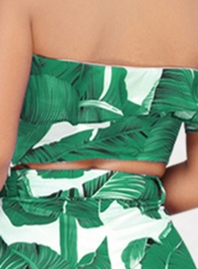 Fashion Printed Chest Wrapped Ruffle Crop Top Waist Tie Wide Leg Pants Set