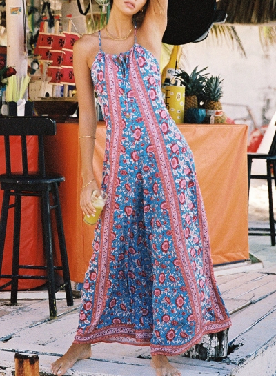 Casual Floral Printed Sleeveless Backless Straight Wide Leg Jumpsuit zecalaba.com