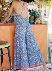 Casual Floral Printed Sleeveless Backless Straight Wide Leg Jumpsuit