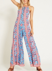 Casual Floral Printed Sleeveless Backless Straight Wide Leg Jumpsuit