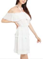 Fashion Sexy Halter Off The Shoulder Backless Solid Ruffle Dress