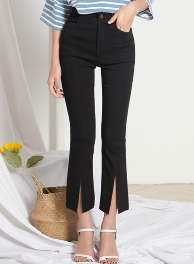 Casual Solid High Waist Pockets Slit Bell-Bottom Pants