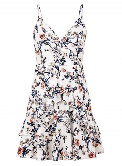 Fashion Floral Print Spaghetti Strap V Neck High Waist  A-line Mini Dress