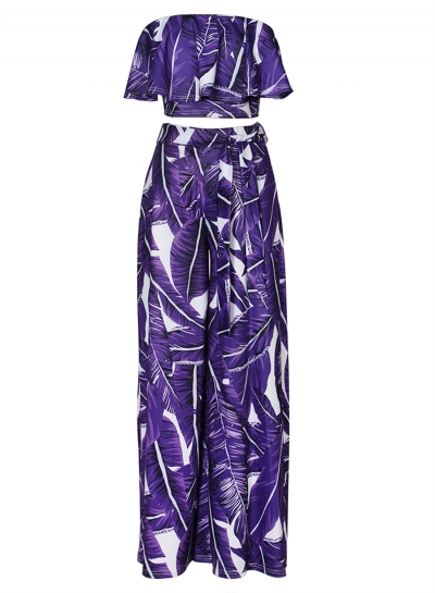 Fashion Printed Chest Wrapped Ruffle Crop Top Waist Tie Wide Leg Pants Set zecalaba.com