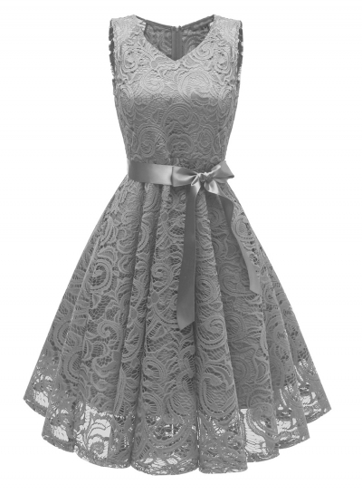 Elegant Lace Waist Tie Sleeveless V Neck Swing Midi Dress With Zip zecalaba.com