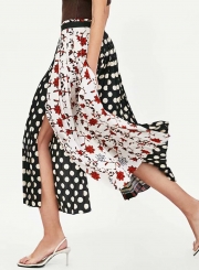 Casual Spliced Floral Print Polka Dots High Waist Slit Pleated Skirt