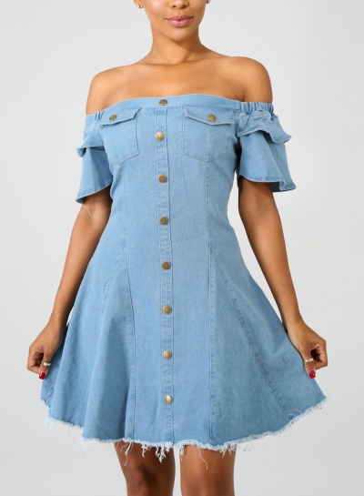 Casual Sexy Off The Shoulder Short Sleeve Single-Breasted Denim Dress zecalaba.com