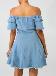 Casual Sexy Off The Shoulder Short Sleeve Single-Breasted Denim Dress