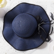 Fashion Casual Straw Floppy Foldable Beach Sunscreen Hat With Wave Ribbon