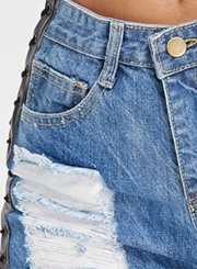 Fashion Sexy Destroyed Low Waist Lace-Up Denim Shorts With Pockets