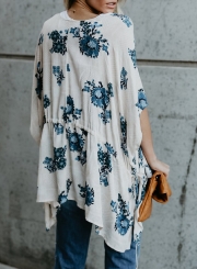 Casual Floral Print Dolman Sleeve Elastic Waist Loose Cardigan