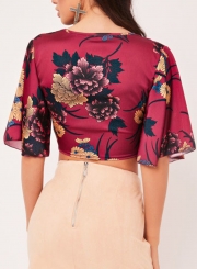 Sexy Floral Print V Neck Half Sleeve Bow Tie Crop Top