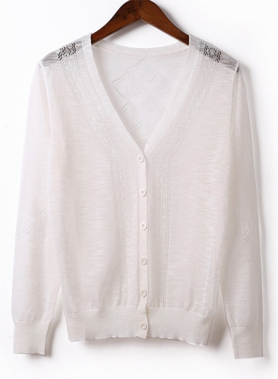 Casual V Neck Long Sleeve Hollow Out Loose Button Down Cardigan Sweater