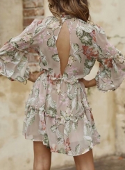 Fashion Floral Print High Neck Long Sleeve High Waist Loose Dress