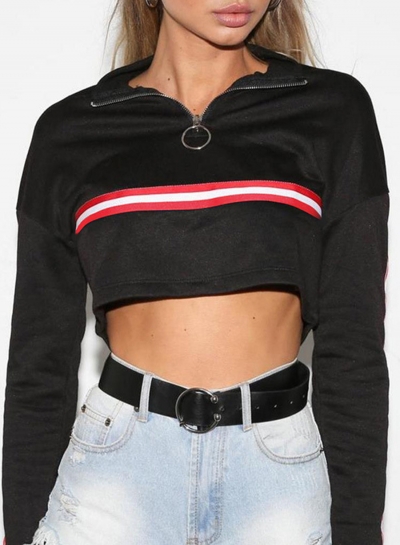 Sexy Striped Hoodie High Neck Long Sleeve Crop Top zecalaba.com