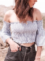 Sexy Striped Slash Neck Off The Shoulder Flare Sleeve Smocking Crop Top