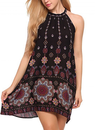 Black Loose Popper Printed Sleeveless Halter Neck Women Mini Dress zecalaba.com