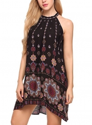 Black Loose Popper Printed Sleeveless Halter Neck Women Mini Dress