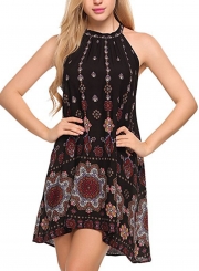 Black Loose Popper Printed Sleeveless Halter Neck Women Mini Dress