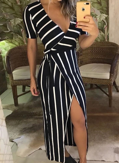 Summer Sexy Striped V Neck Short Sleeve Slit Slim Maxi Dress zecalaba.com