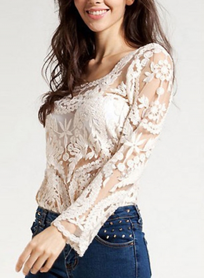 Fashion Sexy Round Neck Long Sleeve Lace Hollow Out Blouse