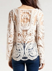 Fashion Sexy Round Neck Long Sleeve Lace Hollow Out Blouse