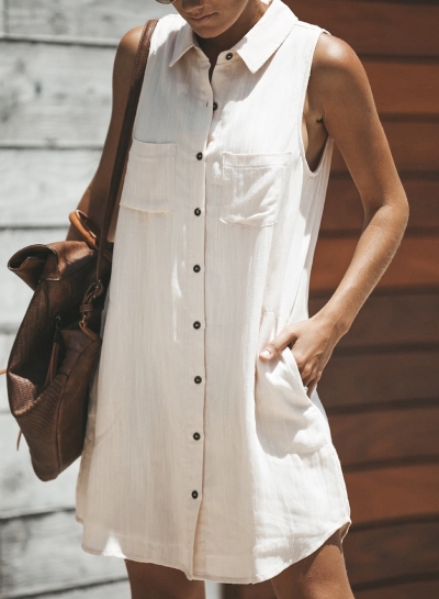 Summer Loose Turn-Down Collar Button Down Dress With Pockets zecalaba.com