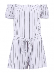 Casual Striped Off The Shoulder Short Sleeve Romper With Pockets